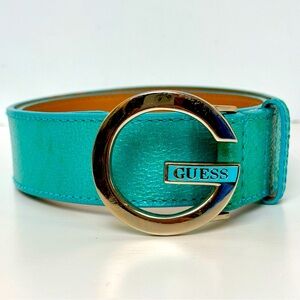 Guess Belt Womens M Genuine Leather Logo Buckle Turquoise Vintage 80s Mermaid